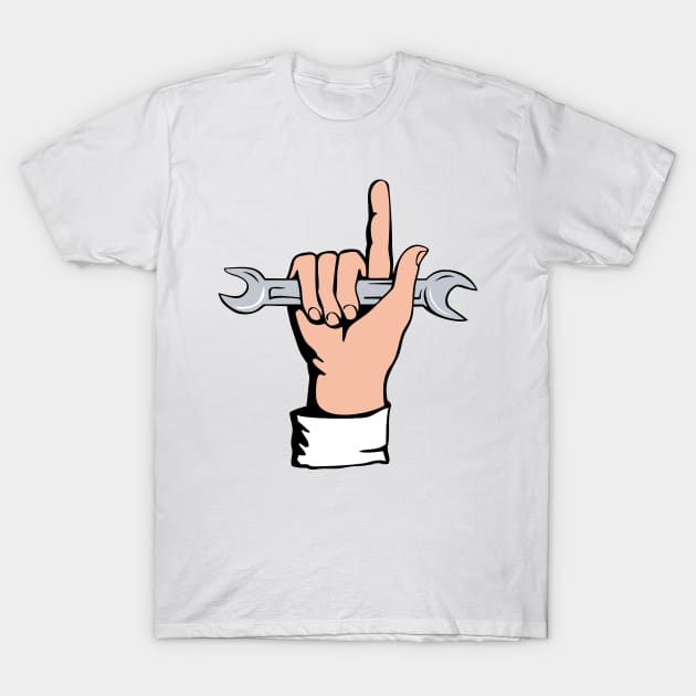 Hand Holding Spanner and Pointing Up Retro T-Shirt by retrovectors